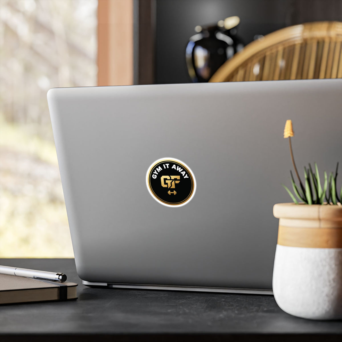 Gym It Away Vinyl Sticker — Gold & Black Fitness Logo